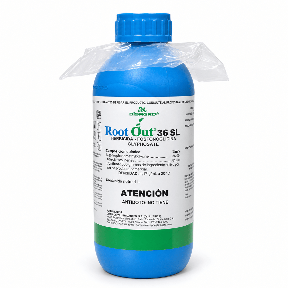 Root Out 36 SL de Disagro, herbicida glifosato, presentaciones de 500 ml y 1 litro