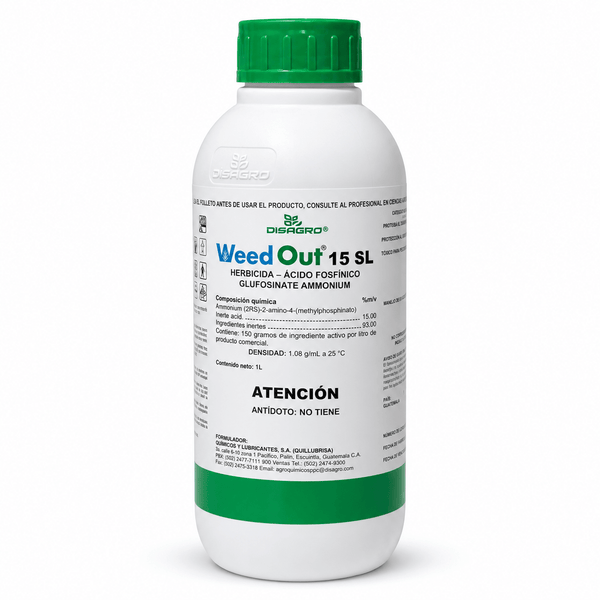 Weed Out 15 SL de Disagro, herbicida glufosinato en botella de 1 litro